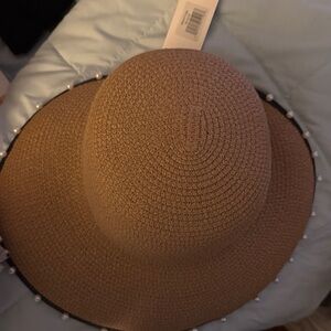 Max Studio Tan Sun Hat with Pearl Trim